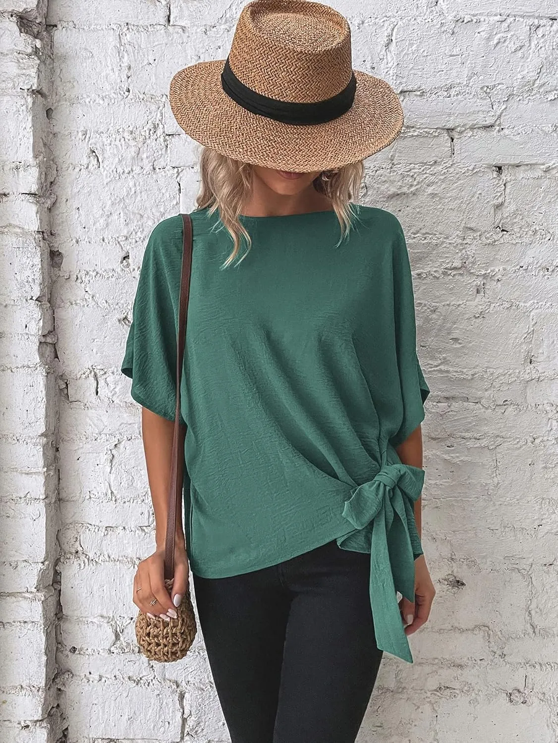 Verdusa Women's Batwing Sleeve Knot Side Round Neck Blouse Shirt Top