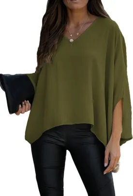 Vrtige Women's Casual V Neck Batwing Long Sleeve Blouse Shirt Tunic Top