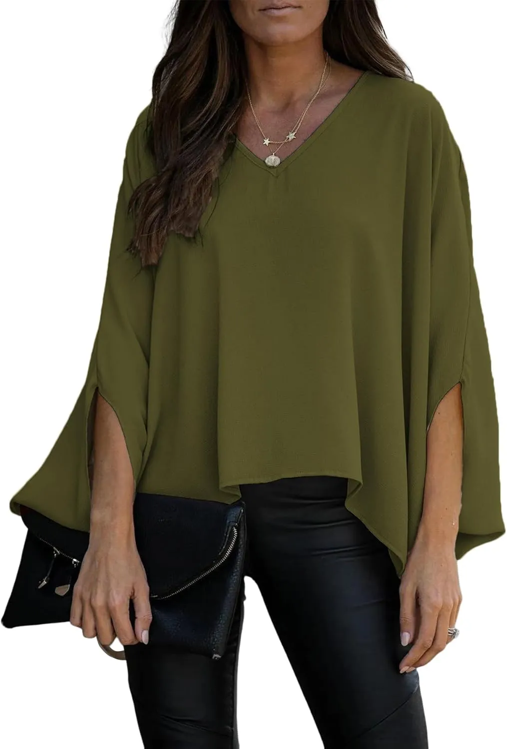 Vrtige Women's Casual V Neck Batwing Long Sleeve Blouse Shirt Tunic Top