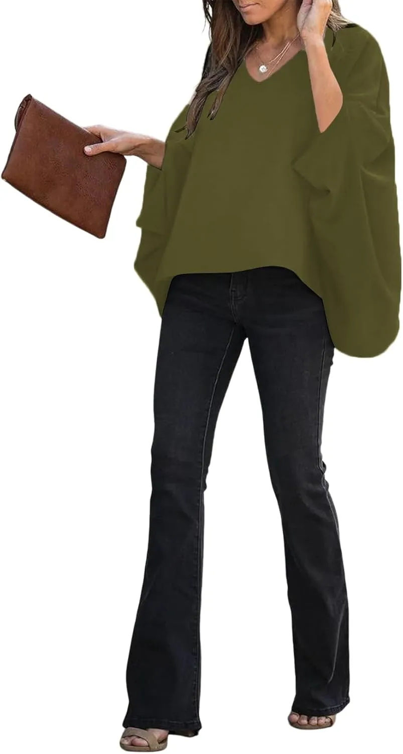 Vrtige Women's Casual V Neck Batwing Long Sleeve Blouse Shirt Tunic Top