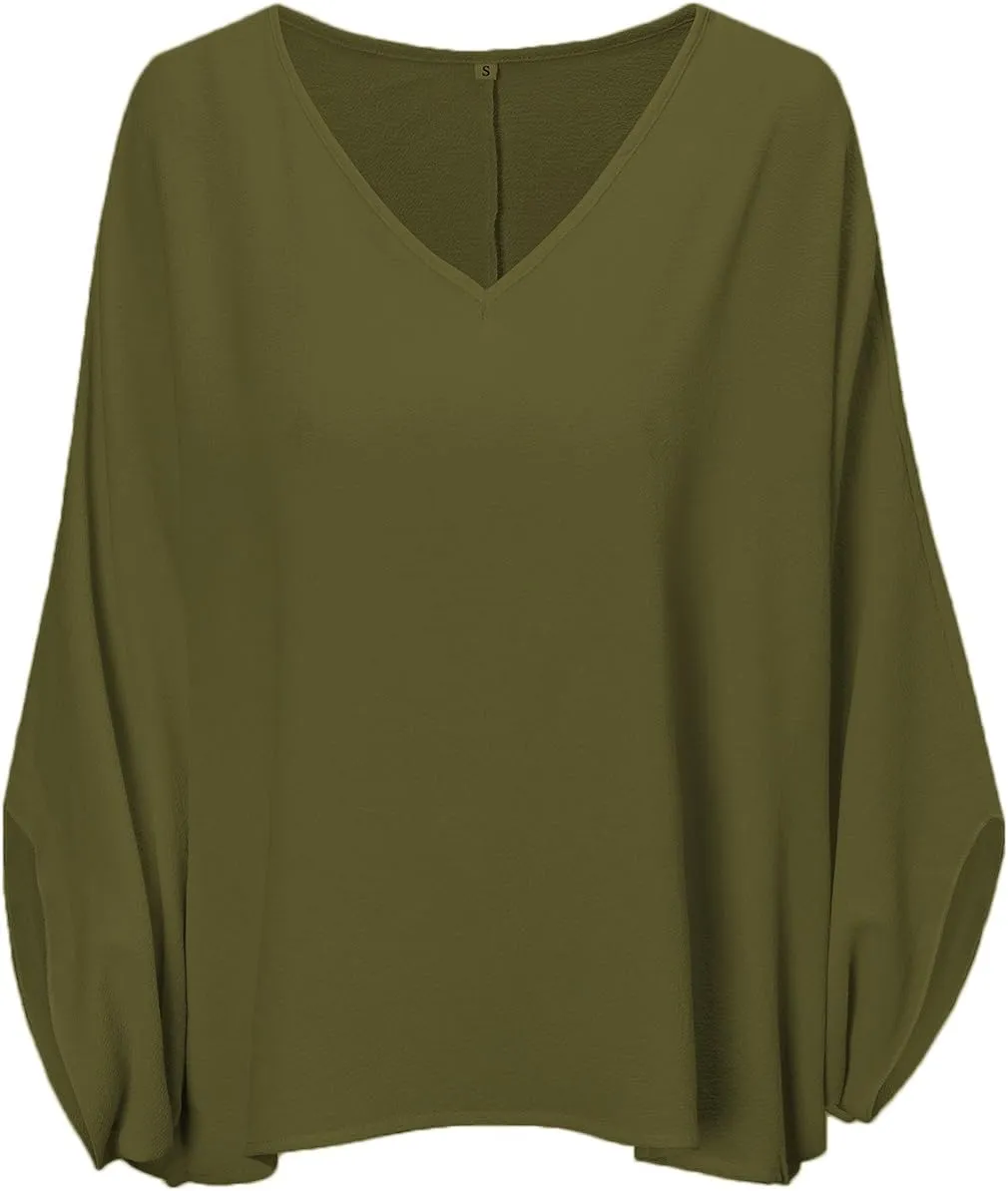 Vrtige Women's Casual V Neck Batwing Long Sleeve Blouse Shirt Tunic Top