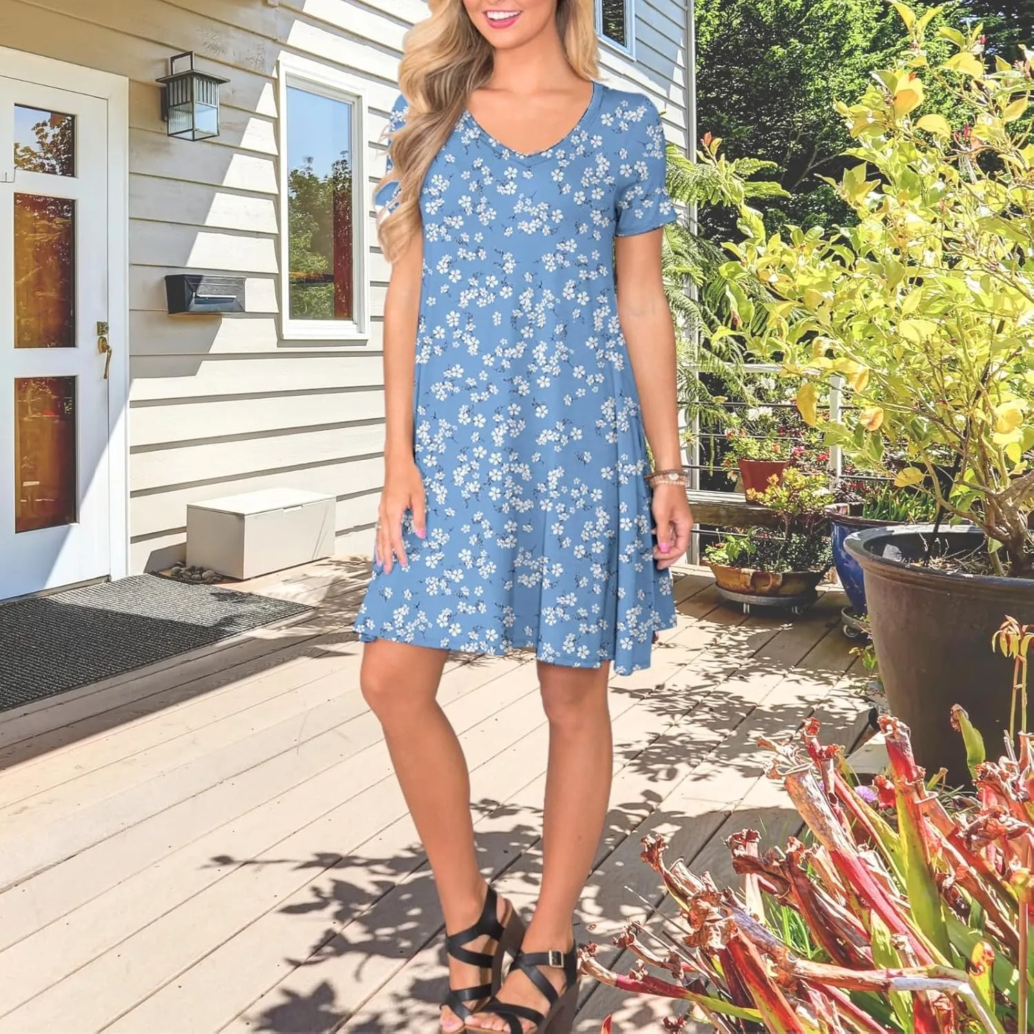 Women's Casual T Shirt Dress Summer Short Sleeve Swing Dresses with Pockets