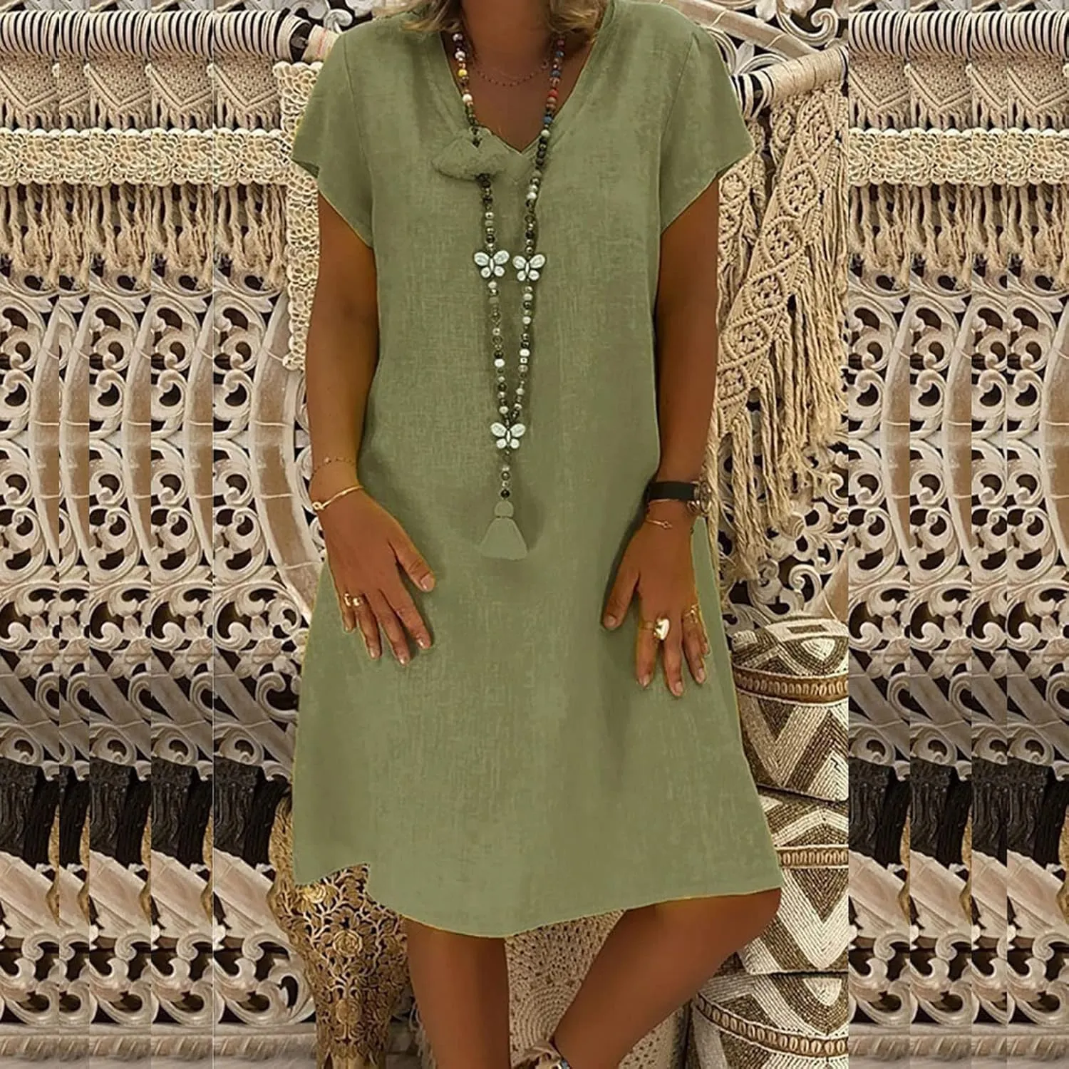 Womens Cotton Linen Midi Dress Summer Solid Color Short Sleeve V-Neck T-Shirt Dresses Plus Size Flowy Beach Dress