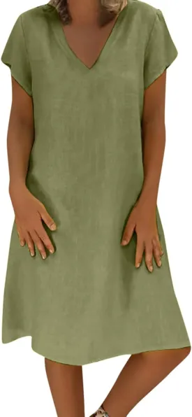Womens Cotton Linen Midi Dress Summer Solid Color Short Sleeve V-Neck T-Shirt Dresses Plus Size Flowy Beach Dress