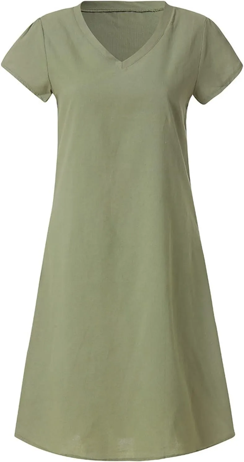 Womens Cotton Linen Midi Dress Summer Solid Color Short Sleeve V-Neck T-Shirt Dresses Plus Size Flowy Beach Dress