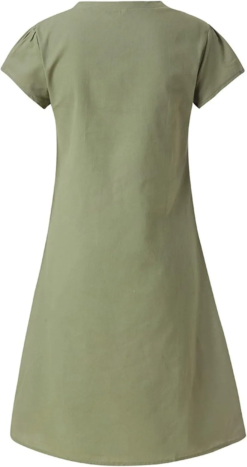 Womens Cotton Linen Midi Dress Summer Solid Color Short Sleeve V-Neck T-Shirt Dresses Plus Size Flowy Beach Dress