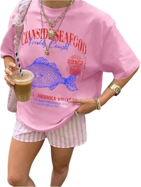 Women's Letter Graphic Tees Short Sleeve Crew Neck Loose T Shirt Drop Shoulder Casual Tops