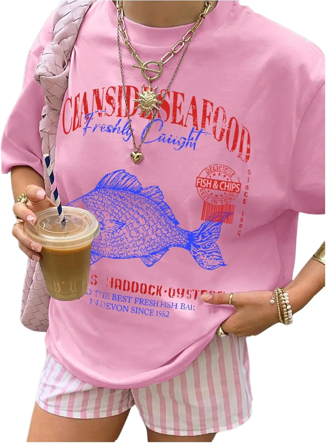 Women's Letter Graphic Tees Short Sleeve Crew Neck Loose T Shirt Drop Shoulder Casual Tops