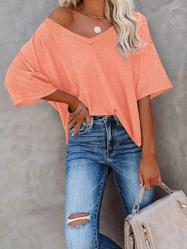 Women's V Neck Loose Sleeve Waffle Knit T-Shirt