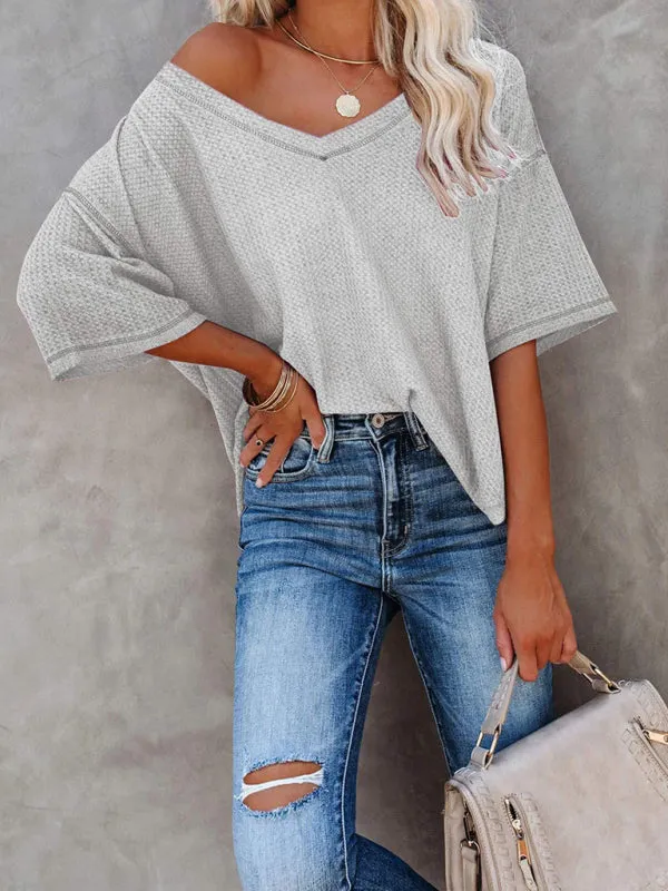 Women's V Neck Loose Sleeve Waffle Knit T-Shirt