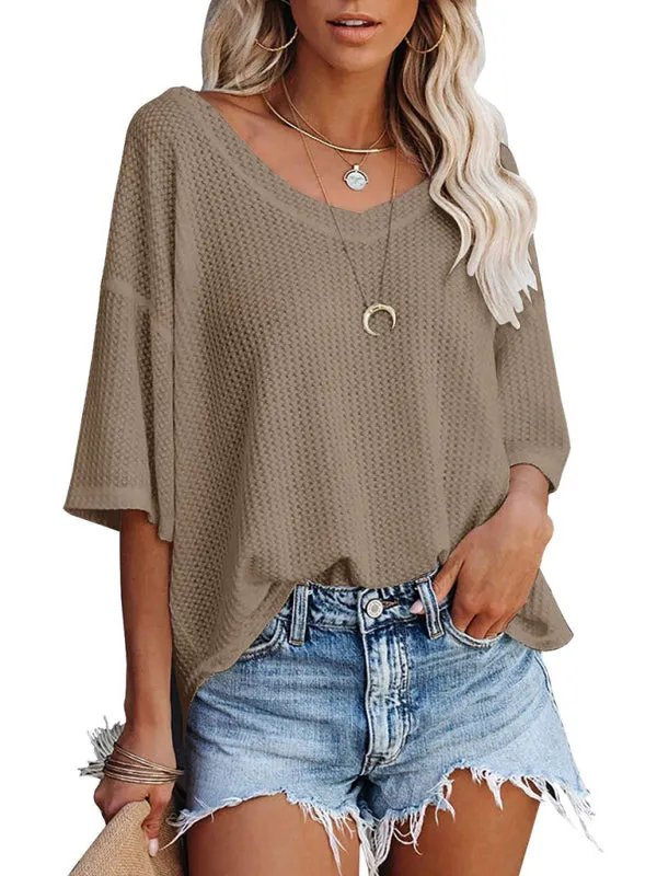 Women's V Neck Loose Sleeve Waffle Knit T-Shirt