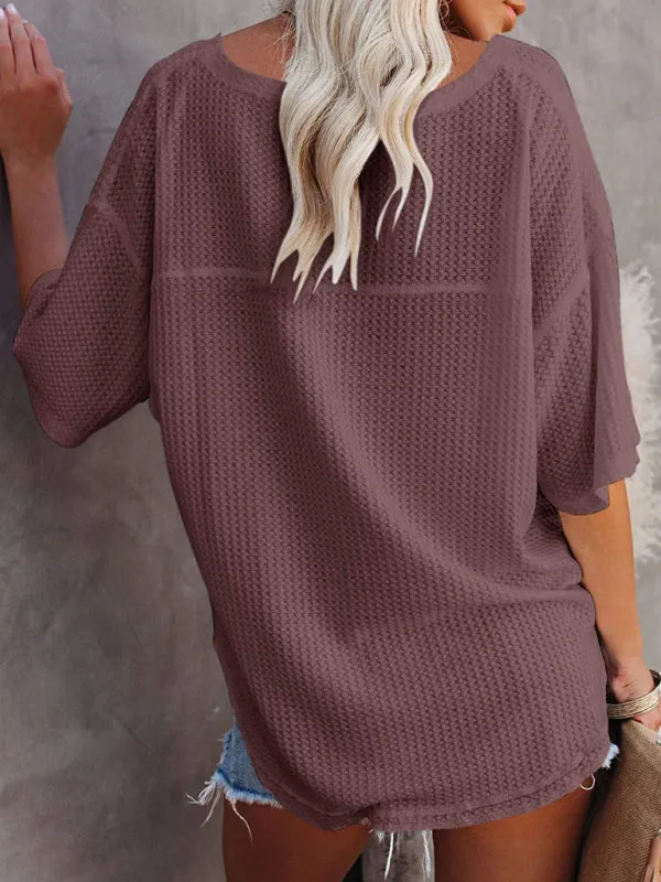 Women's V Neck Loose Sleeve Waffle Knit T-Shirt