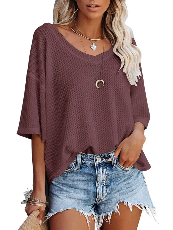 Women's V Neck Loose Sleeve Waffle Knit T-Shirt