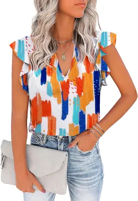 Zeagoo Women's Casual Ruffle Sleeve Summer Tops Sexy V Neck Shirts Short Sleeve Loose T Shirt Blouses