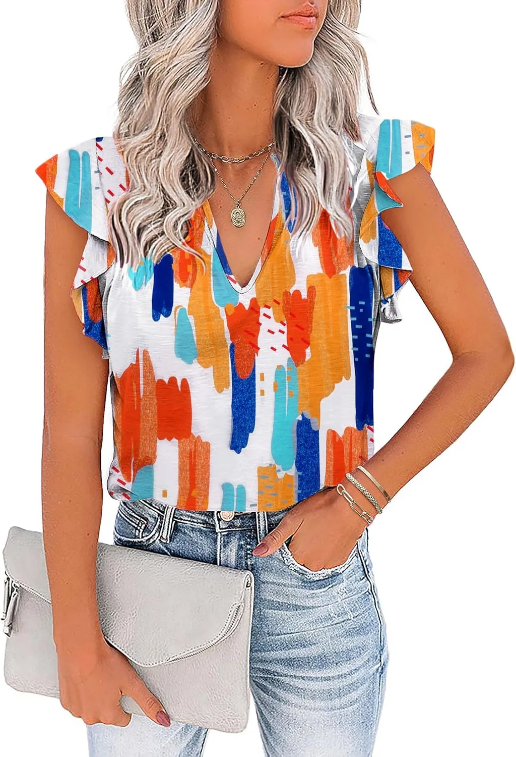 Zeagoo Women's Casual Ruffle Sleeve Summer Tops Sexy V Neck Shirts Short Sleeve Loose T Shirt Blouses