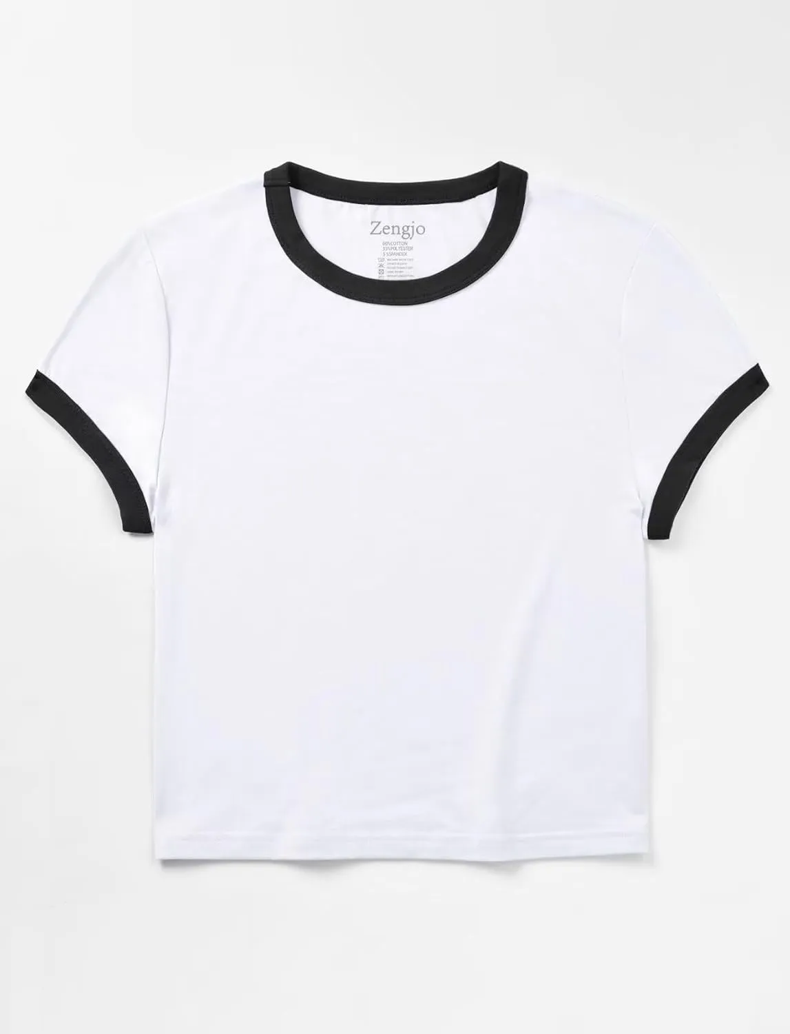 Zengjo Ringer Tee Women Crewneck Short Sleeve Plain Retro T-Shirt Crop Top