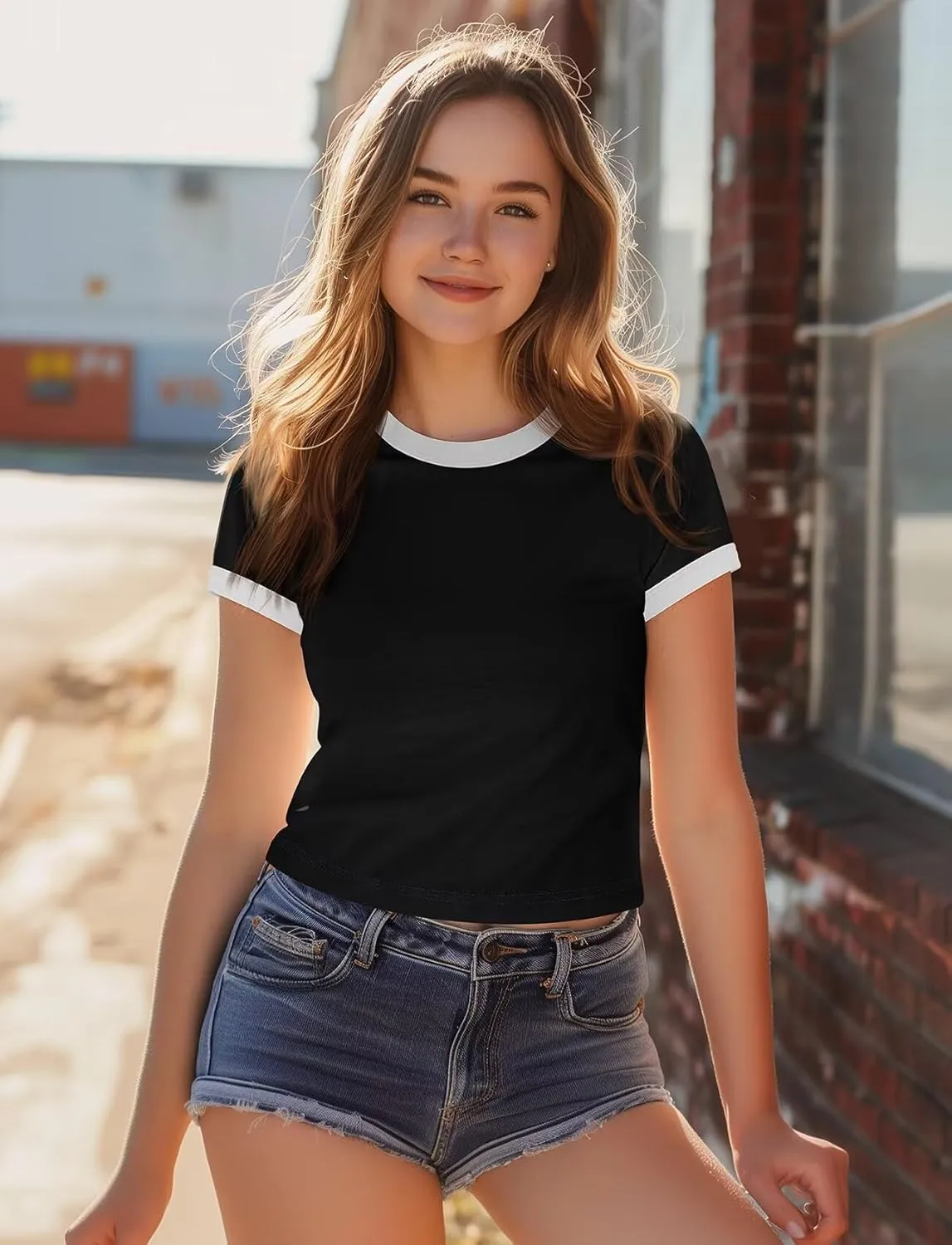 Zengjo Ringer Tee Women Crewneck Short Sleeve Plain Retro T-Shirt Crop Top