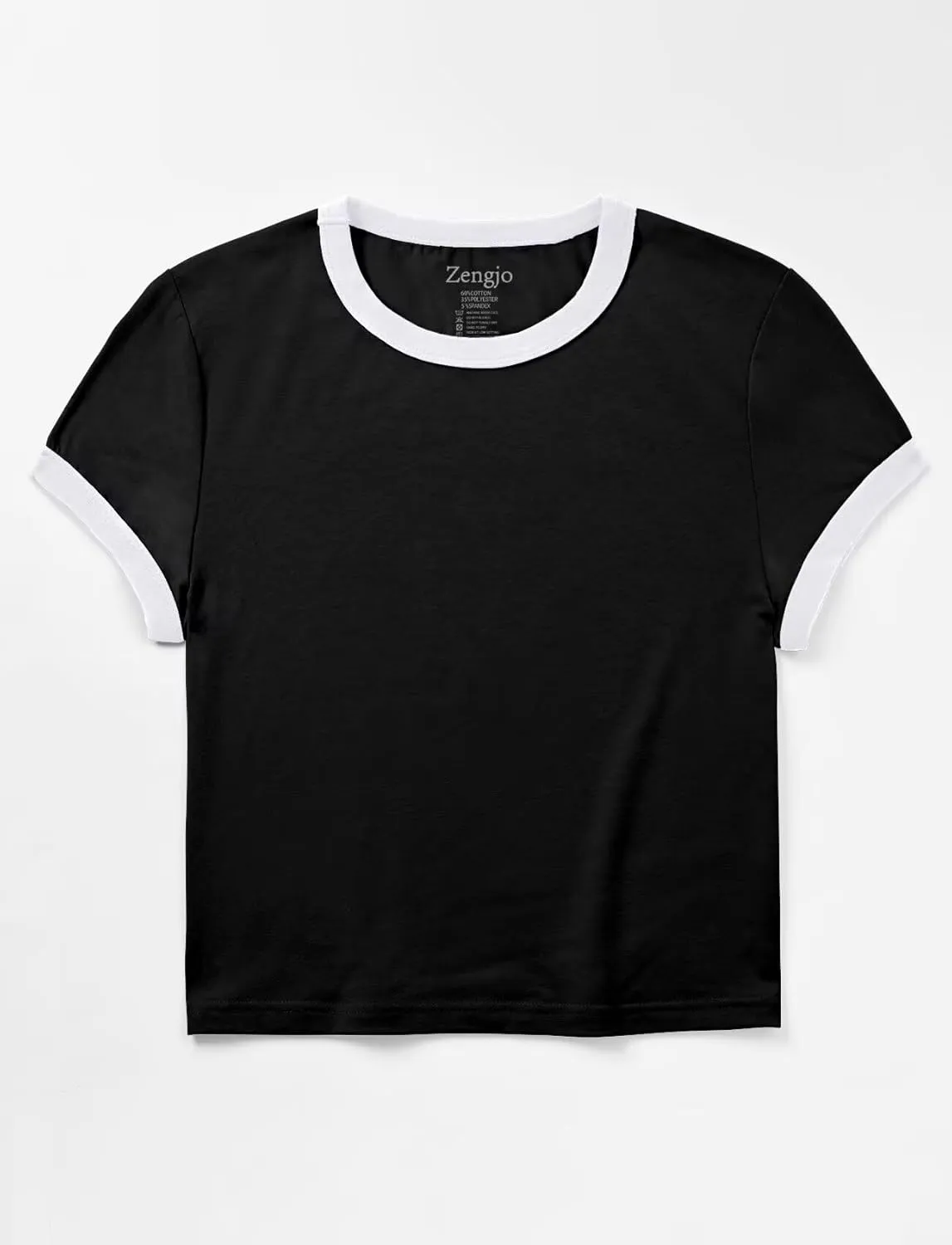 Zengjo Ringer Tee Women Crewneck Short Sleeve Plain Retro T-Shirt Crop Top