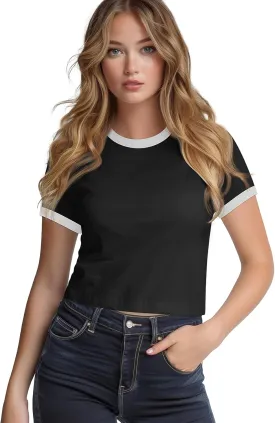 Zengjo Ringer Tee Women Crewneck Short Sleeve Plain Retro T-Shirt Crop Top